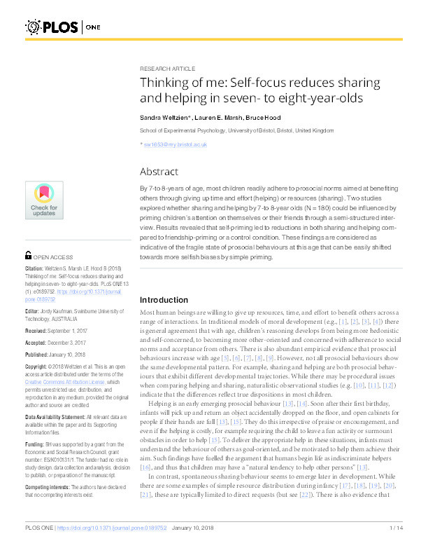 Thinking of me: Self-focus reduces sharing and helping in seven- to eight-year-olds Thumbnail