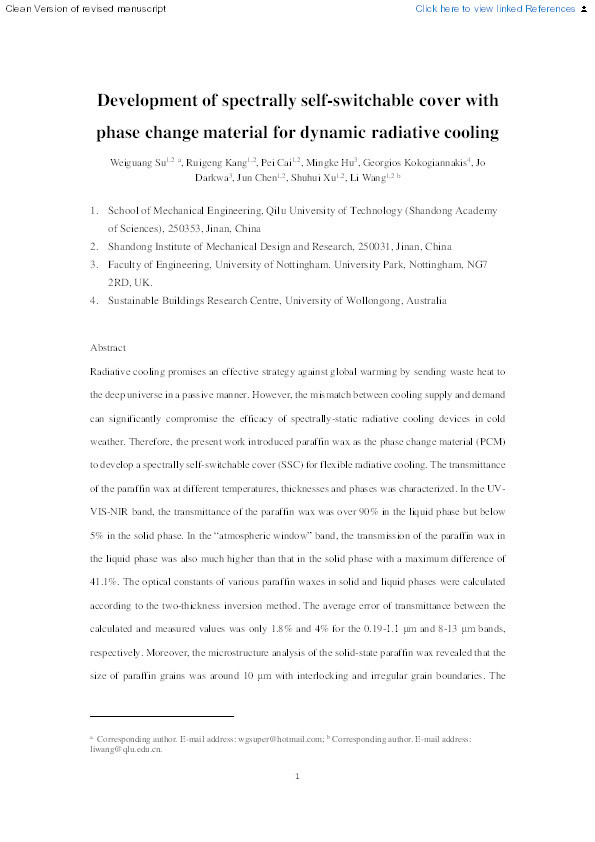 Development of spectrally self-switchable cover with phase change material for dynamic radiative cooling Thumbnail