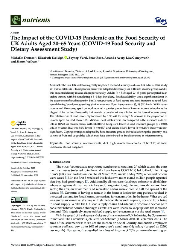 The Impact of the COVID-19 Pandemic on the Food Security of UK Adults Aged 20–65 Years (COVID-19 Food Security and Dietary Assessment Study) Thumbnail