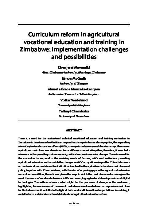 Curriculum reform in agricultural vocational education and training in Zimbabwe: Implementation challenges and possibilities Thumbnail