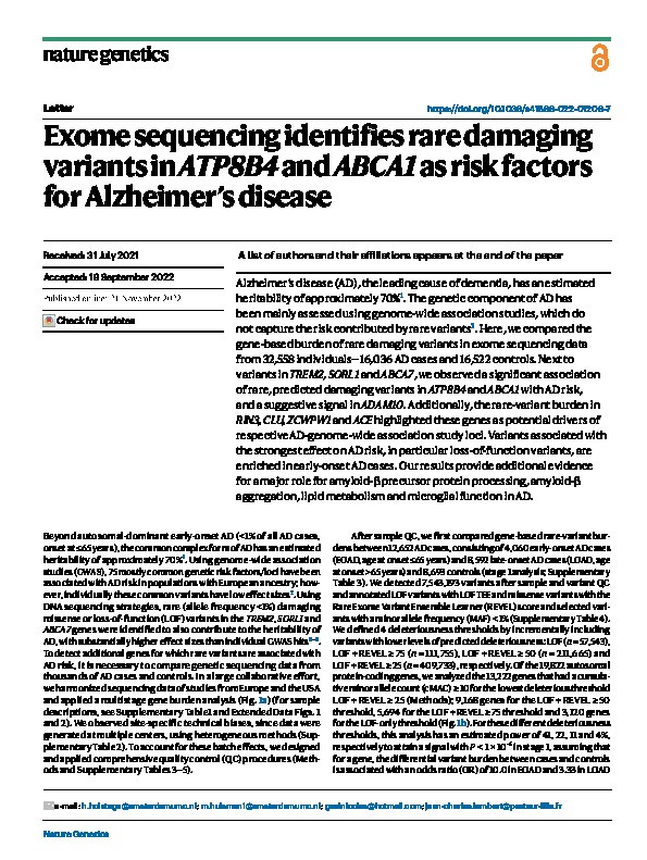 Exome sequencing identifies rare damaging variants in ATP8B4 and ABCA1 as risk factors for Alzheimer’s disease Thumbnail