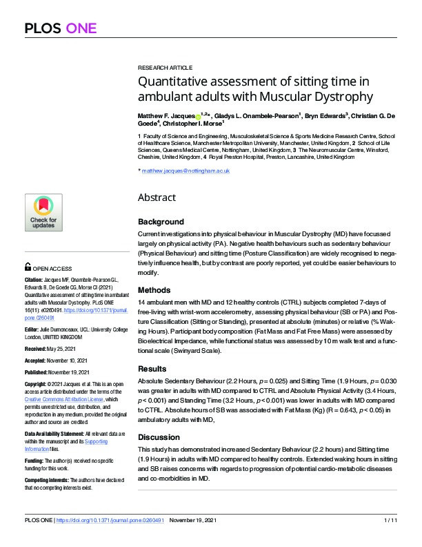 Quantitative assessment of sitting time in ambulant adults with Muscular Dystrophy Thumbnail