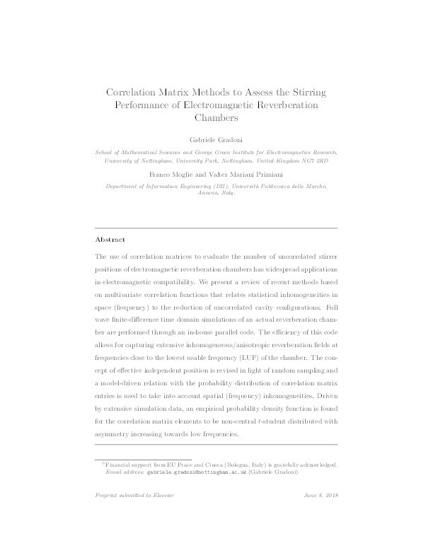 Correlation matrix methods to assess the stirring performance of electromagnetic reverberation chambers Thumbnail