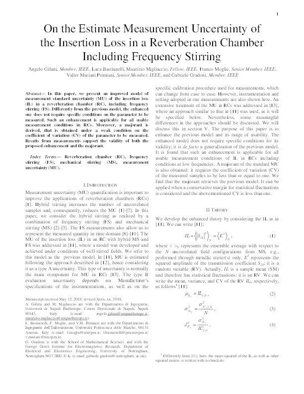 On the Estimated Measurement Uncertainty of the Insertion Loss in a Reverberation Chamber Including Frequency Stirring Thumbnail