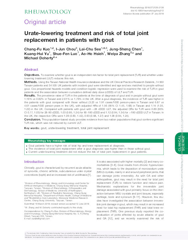 Urate-lowering treatment and risk of total joint replacement in patients with gout Thumbnail