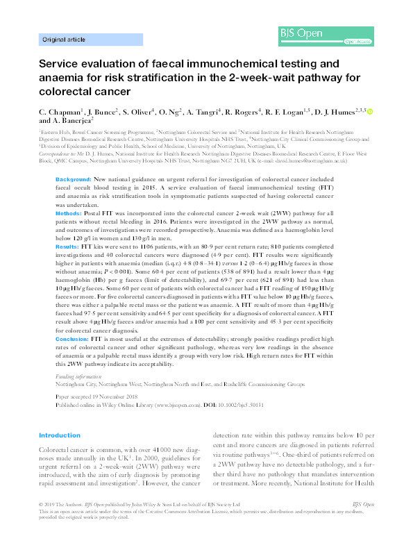 A service evaluation of FIT and anaemia for risk stratification in the two week wait pathway for colorectal cancer Thumbnail