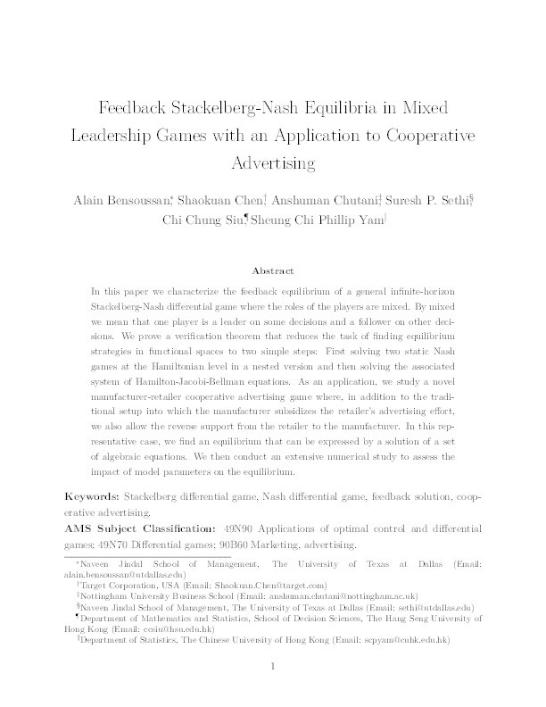Feedback Stackelberg-Nash equilibria in mixed leadership games with an application to cooperative advertising Thumbnail