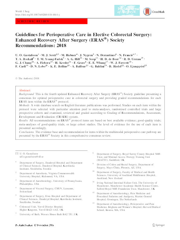 Guidelines for Perioperative Care in Elective Colorectal Surgery: Enhanced Recovery After Surgery (ERAS®) Society Recommendations: 2018 Thumbnail