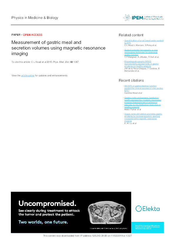 Measurement of gastric meal and secretion volumes using magnetic resonance imaging Thumbnail