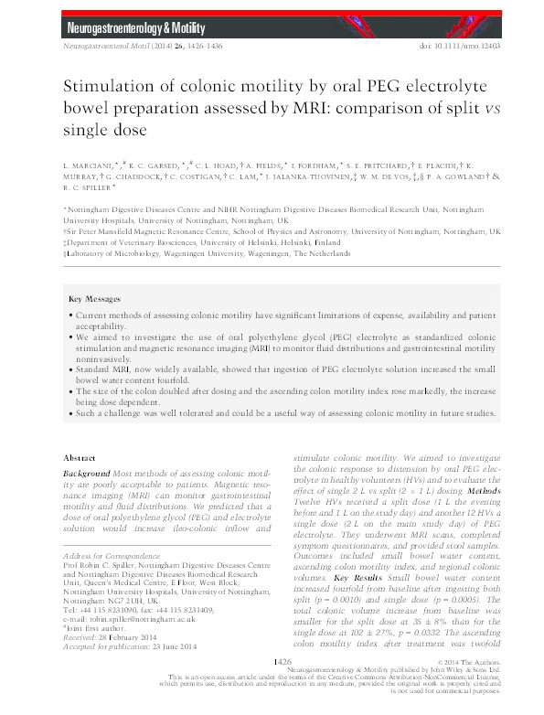 Stimulation of colonic motility by oral PEG electrolyte bowel preparation assessed by MRI: comparison of splitvssingle dose Thumbnail