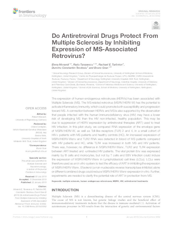 Do Antiretroviral Drugs Protect From Multiple Sclerosis By Inhibiting Expression Of MS-Associated Retrovirus? Thumbnail