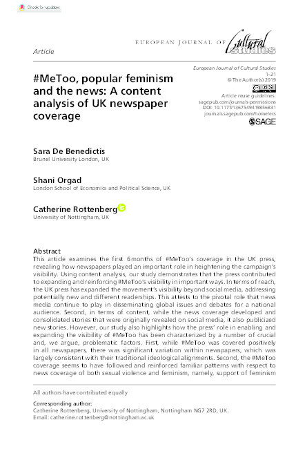 #MeToo, popular feminism and the news: A content analysis of UK newspaper coverage Thumbnail