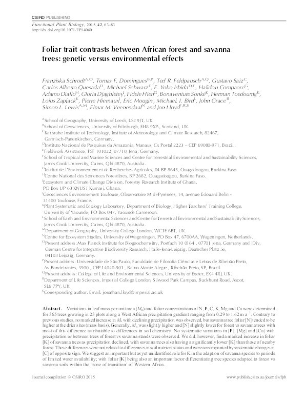 Foliar trait contrasts between African forest and savanna trees: genetic versus environmental effects Thumbnail