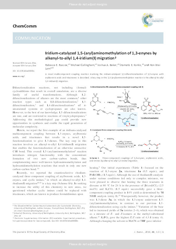 Iridium-catalyzed 1,5-(aryl)aminomethylation of 1,3-enynes by alkenyl-to-allyl 1,4-iridium(I) migration Thumbnail