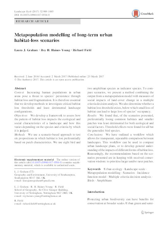 Metapopulation modelling of long-term urban habitat-loss scenarios Thumbnail