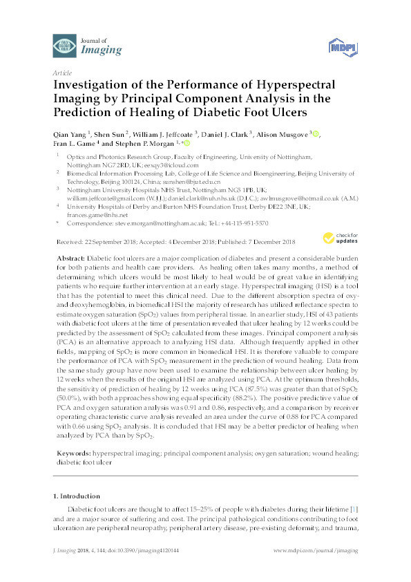 Investigation of the performance of hyperspectral imaging by principal component analysis in the prediction of healing of diabetic foot ulcers Thumbnail
