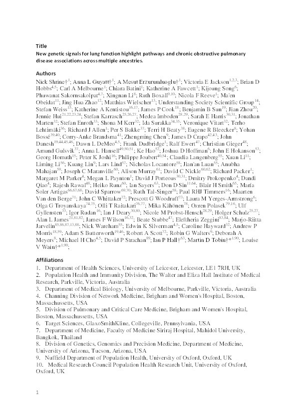 New genetic signals for lung function highlight pathways and chronic obstructive pulmonary disease associations across multiple ancestries Thumbnail