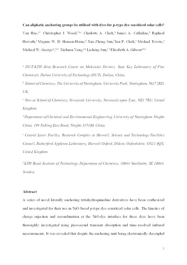 Can aliphatic anchoring groups be utilised with dyes for p-type dye sensitized solar cells? Thumbnail