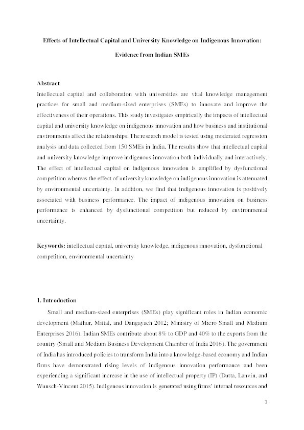 Effects of intellectual capital and university knowledge on indigenous innovation: evidence from Indian SMEs Thumbnail