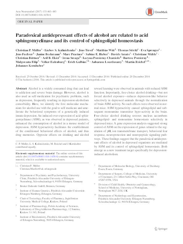 Paradoxical antidepressant effects of alcohol are related to acid sphingomyelinase and its control of sphingolipid homeostasis Thumbnail