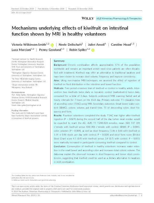 Mechanisms underlying effects of kiwifruit on intestinal function shown by MRI in healthy volunteers Thumbnail