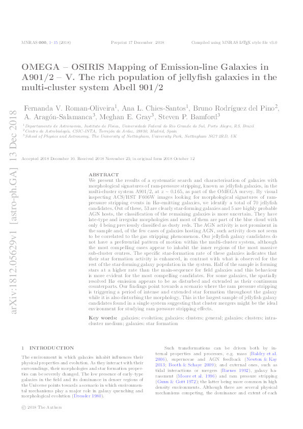 OMEGA – OSIRIS mapping of emission-line galaxies in A901/2 – V. The rich population of jellyfish galaxies in the multi-cluster system Abell 901/2 Thumbnail