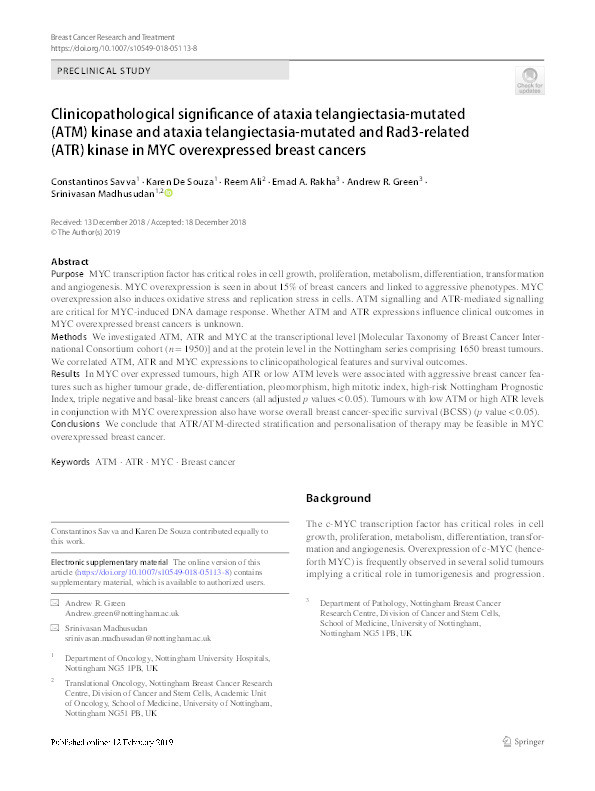 Clinicopathological significance of ataxia-telangiectasia-mutated (ATM) kinase and ataxia telangiectasia-mutated and Rad3 related (ATR) kinase in MYC overexpressed breast cancers Thumbnail