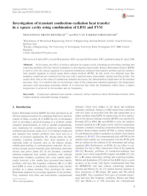 Investigation of transient conduction–radiation heat transfer in a square cavity using combination of LBM and FVM Thumbnail