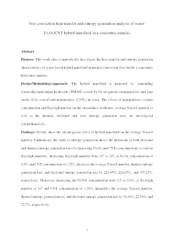 Free convection heat transfer and entropy generation analysis of water-Fe 3 O 4 /CNT hybrid nanofluid in a concentric annulus Thumbnail