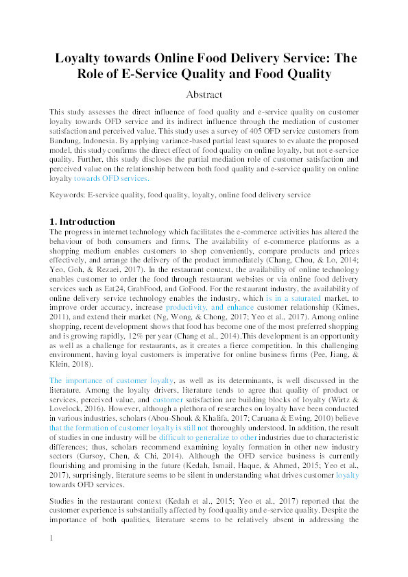 Loyalty towards online food delivery service: the role of e-service quality and food quality Thumbnail