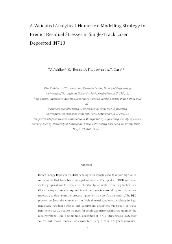 A validated analytical-numerical modelling strategy to predict residual stresses in single-track laser deposited IN718 Thumbnail