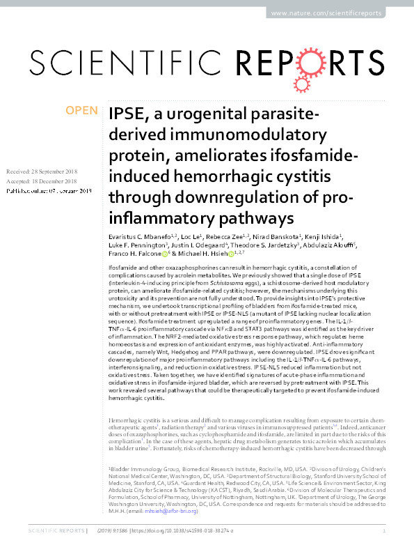 IPSE, a urogenital parasite-derived immunomodulatory protein, ameliorates ifosfamide-induced hemorrhagic cystitis through downregulation of pro-inflammatory pathways Thumbnail