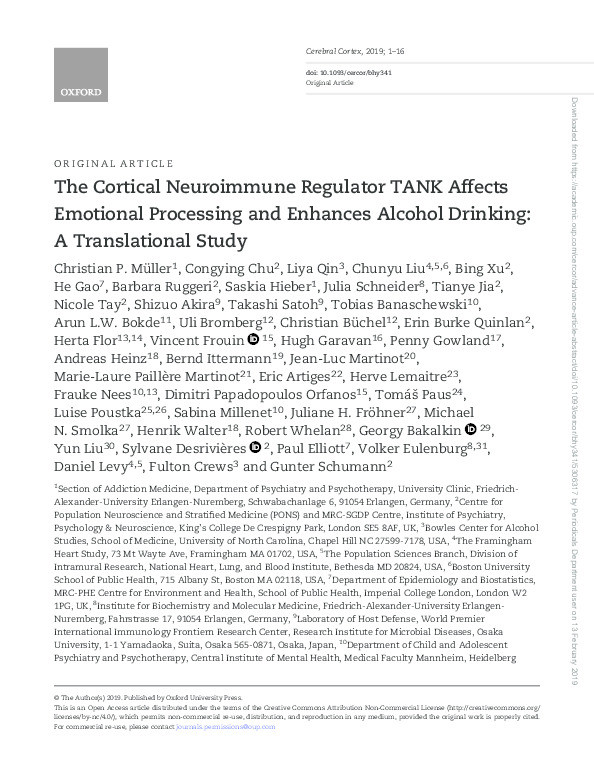 The cortical neuroimmune regulator TANK affects emotional processing and enhances alcohol drinking: a translational study Thumbnail