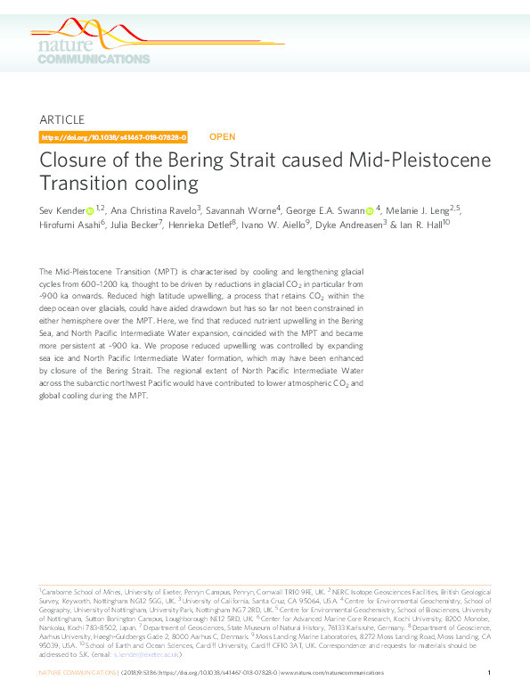 Closure of the Bering Strait caused Mid-Pleistocene Transition cooling Thumbnail