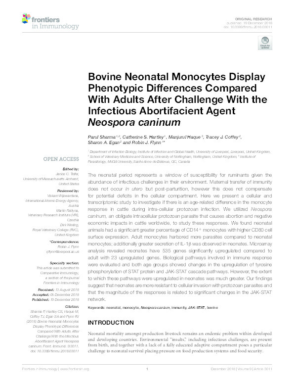 Bovine neonatal monocytes display phenotypic differences compared with adults after challenge with the infectious abortifacient agent Neospora caninum Thumbnail