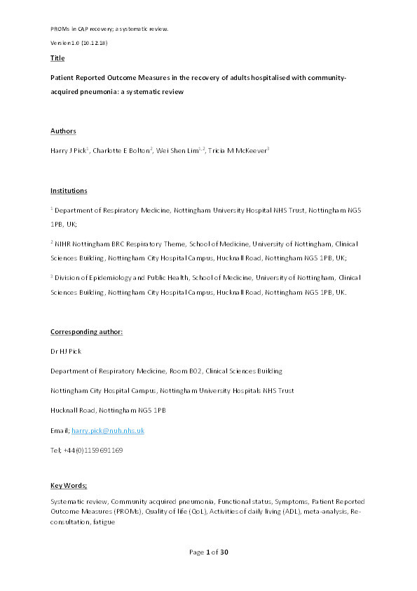 Patient reported outcome measures in the recovery of adults hospitalised with community-acquired pneumonia: a systematic review Thumbnail