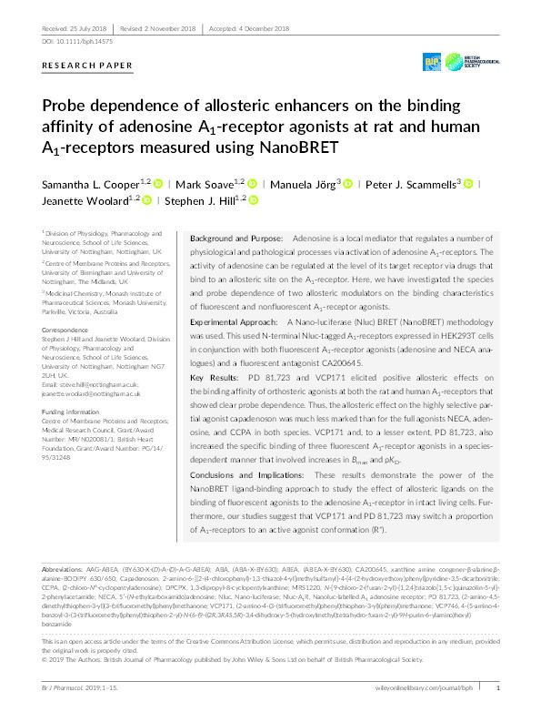 Probe dependence of allosteric enhancers on the binding affinity of adenosine A1‐receptor agonists at rat and human A1‐receptors measured using NanoBRET Thumbnail