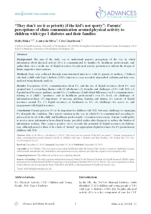 "They don't see it as priority if the kid's not sporty": parents' perceptions of clinic communication around physical activity to children with type 1 diabetes and their families Thumbnail