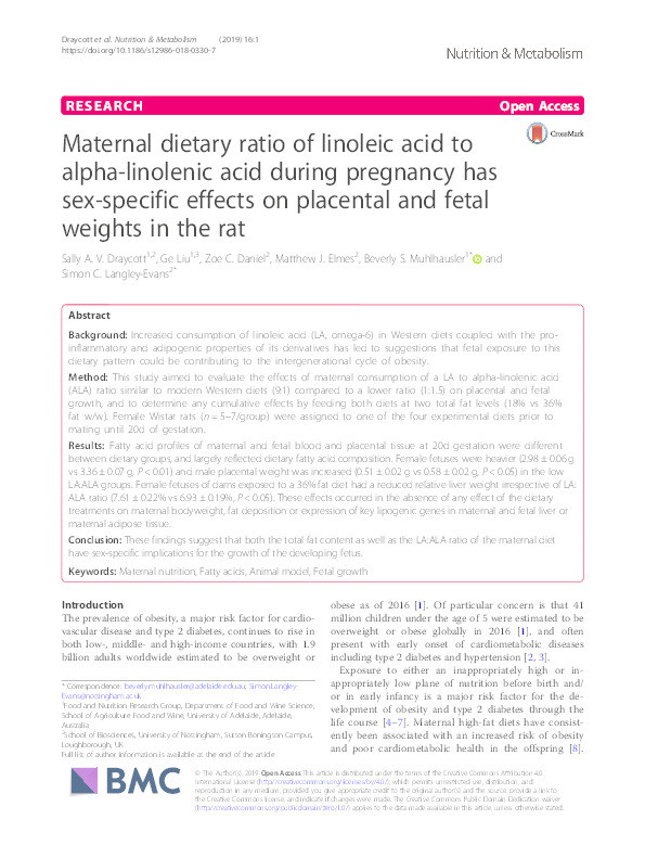 Maternal dietary ratio of linoleic acid to alpha-linolenic acid during pregnancy has sexspecific effects on placental and fetal weights in the rat Thumbnail