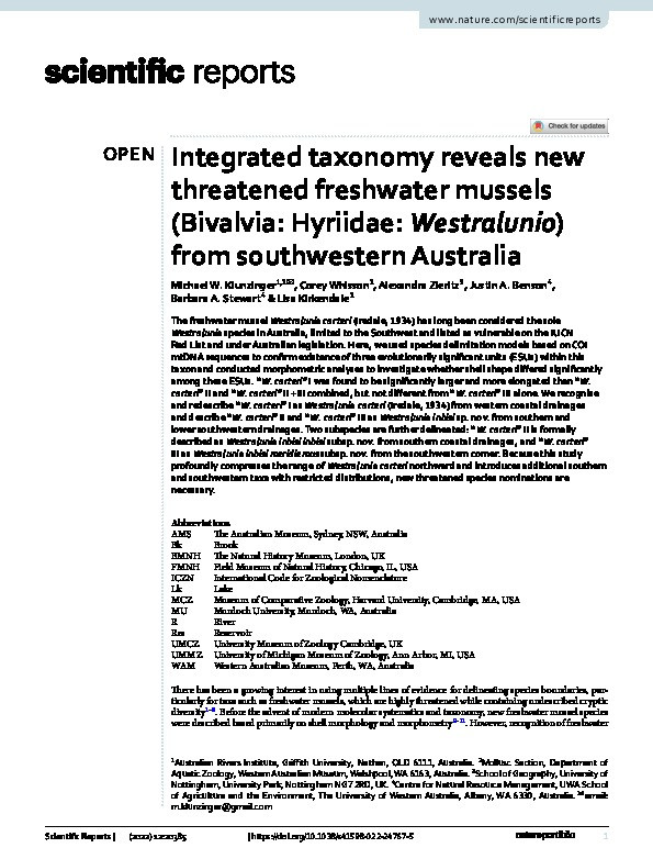 Integrated taxonomy reveals new threatened freshwater mussels (Bivalvia: Hyriidae: Westralunio) from southwestern Australia Thumbnail