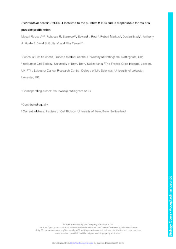 Plasmodium centrin PbCEN-4 localizes to the putative MTOC and is dispensable for malaria parasite proliferation Thumbnail