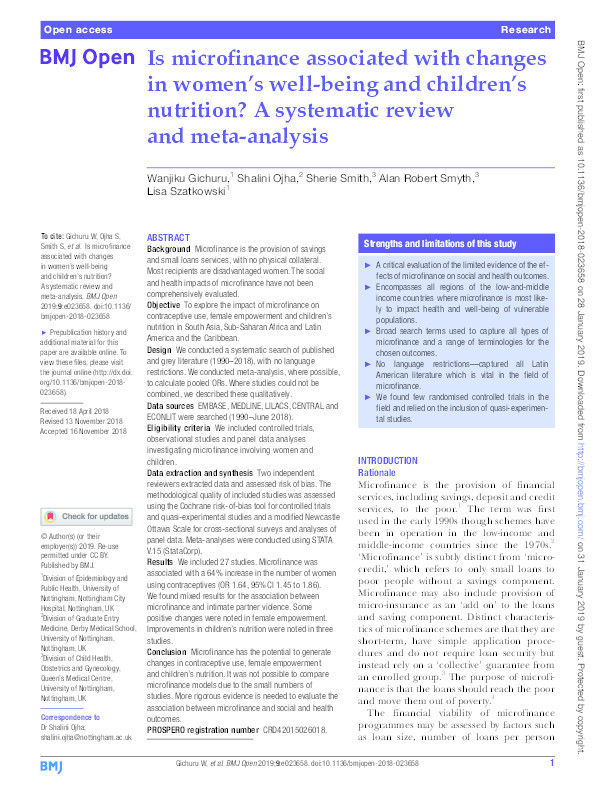 Is microfinance associated with changes in women's wellbeing and children's nutrition? a systematic review and meta-analysis Thumbnail