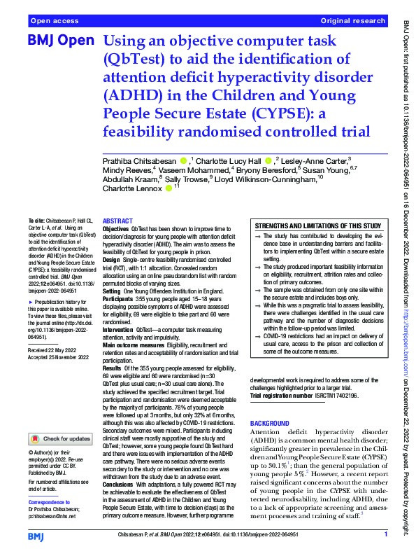 Using an objective computer task (QbTest) to aid the identification of attention deficit hyperactivity disorder (ADHD) in the Children and Young People Secure Estate (CYPSE): a feasibility randomised controlled trial Thumbnail