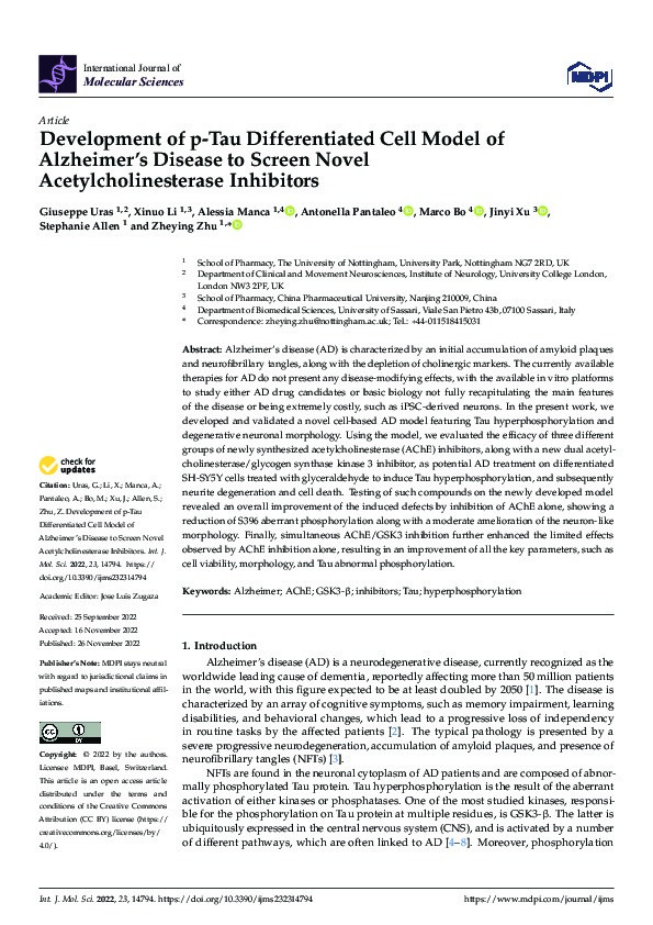 Development of p-Tau Differentiated Cell Model of Alzheimer’s Disease to Screen Novel Acetylcholinesterase Inhibitors Thumbnail