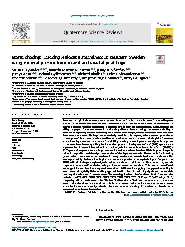 Storm chasing: Tracking Holocene storminess in southern Sweden using mineral proxies from inland and coastal peat bogs Thumbnail