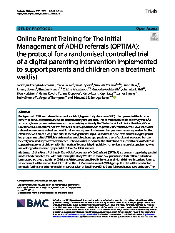 Online Parent Training for The Initial Management of ADHD referrals (OPTIMA): the protocol for a randomised controlled trial of a digital parenting intervention implemented to support parents and children on a treatment waitlist Thumbnail