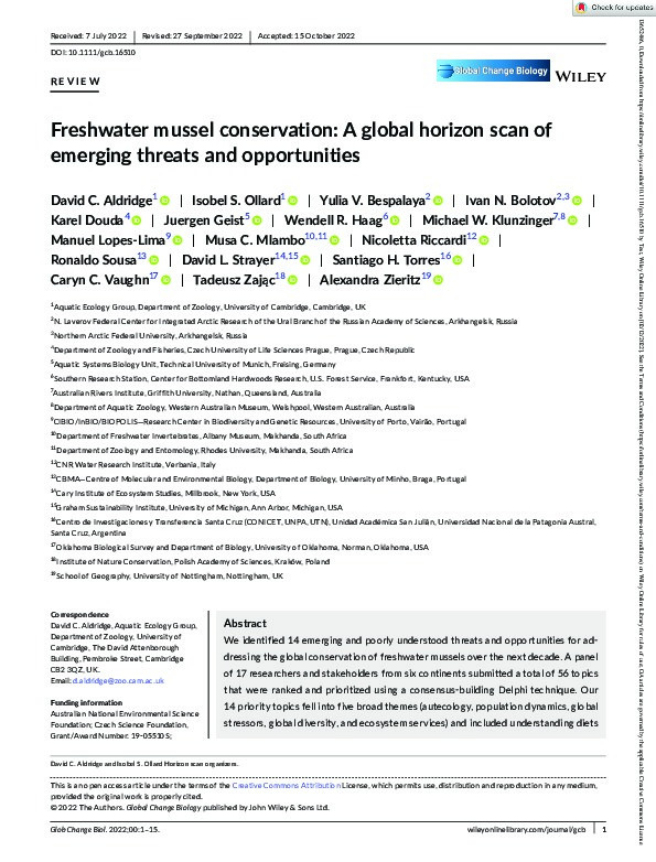 Freshwater mussel conservation: A global horizon scan of emerging threats and opportunities Thumbnail