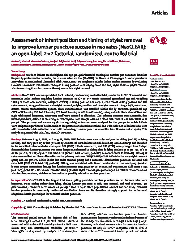Assessment of infant position and timing of stylet removal to improve lumbar puncture success in neonates (NeoCLEAR): an open-label, 2 × 2 factorial, randomised, controlled trial Thumbnail