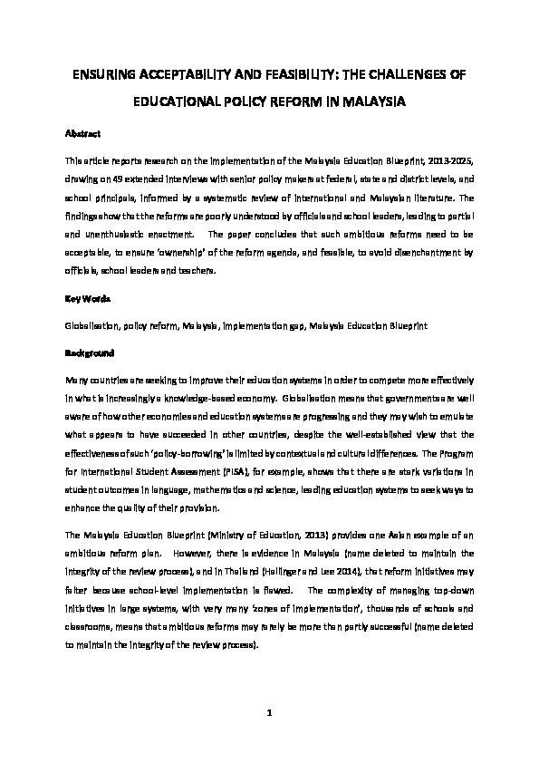 Ensuring Acceptability and Feasibility: The Challenges of Educational Policy Reform in Malaysia Thumbnail