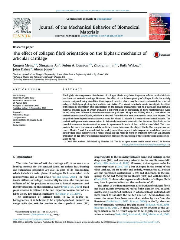 The effect of collagen fibril orientation on the biphasic mechanics of articular cartilage Thumbnail